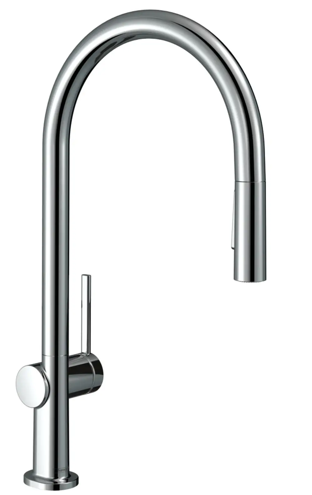 Hochwertiger Küchenmischer von Hansgrohe mit hohem, geschwungenem Auslauf und integrierter Ausziehbrause. Einhebelbedienung, verchromte Oberfläche.